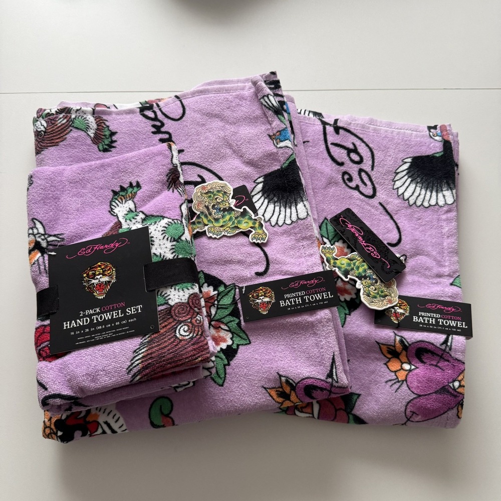 Ed Hardy Purple Bath Towel 4 Piece Set, 100% Cotton 2 Bath Towels 2Hand Towels